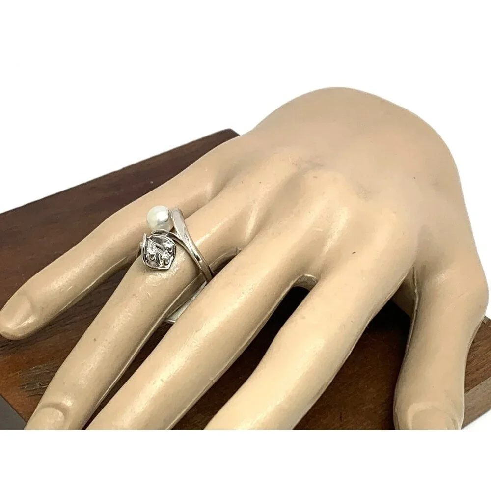 White Pearl 7mm Diamond Cocktail Ring 14k White Gold Estate Women's Size 8.25